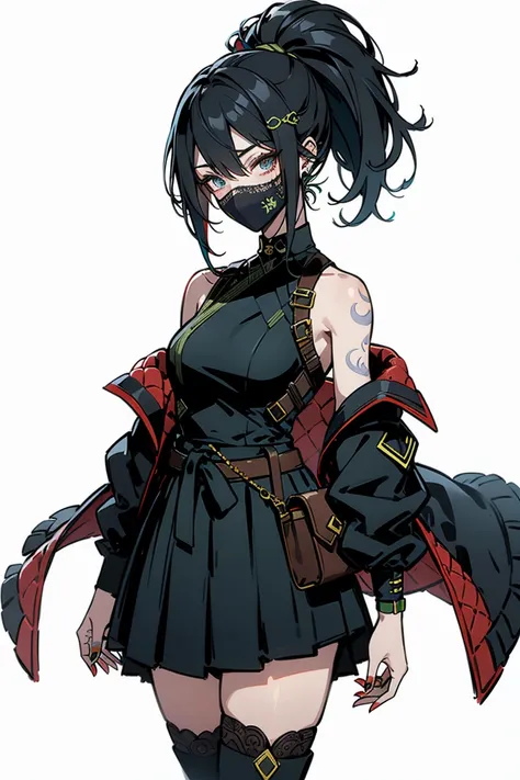 deadline (League of Legends), 1 girl Akali, I look at the viewer, League of Legends, climax, got up, hand tattoos, 1 girl , Tying hair , black hair color, hair between eyes, Fashionable wind, with long bangs, long gray hair, (wearing a mask:1.2), ninja art...