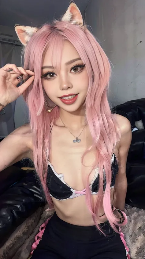 1girl, solo, egirl, pink hair, straight hair, freckles,, eyeliner, mascara, eye shadow, nose ring, grin, teeth, egirl_face, couch, teenage girl clothes, slutty clothes, small breast, perfect girl, hot and cute, asking for cum, she wants to covered with cum...