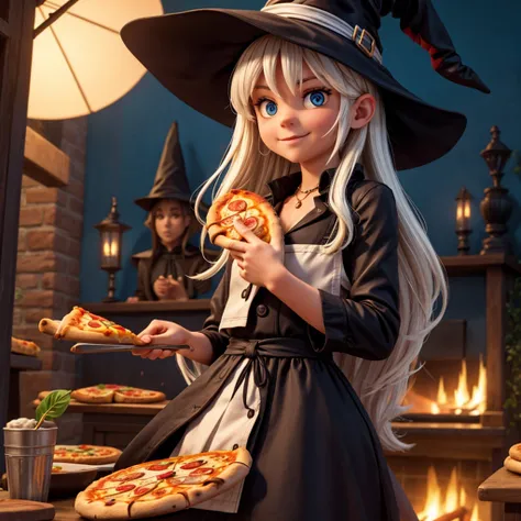 witch with pizza in both hands