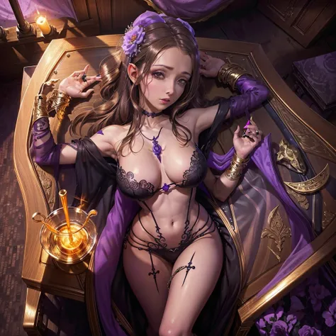 A lovely dark elf witch( extensive violet tattoos, minimal spider silk clothes, some golden body jewelry, ornate ritual dagger), moving through her harem, lavish room
