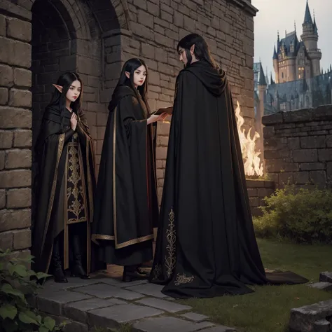 A black-haired girl with white skin, big red lips, a black cloak with golden embroidery, and an elf man with long golden hair, a black robe up to his knees, who is leaning against the castle wall and looking at the girl from behind, and the air is dark.A b...