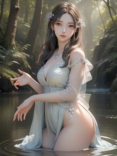 (best quality, 4k, 8k, highres, masterpiece:1.2), ultra-d etailed,(realistic, photorealistic,photo-realistic:1 .37), portrait of fairies,enjoying water play in a beautiful r iver in the forest,fairy with detailed face and hands, enchanted woodland scene, s...