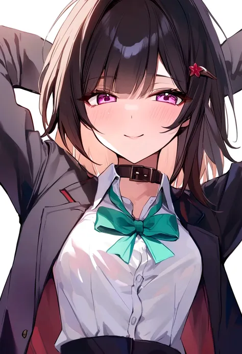 masterpiece, highest quality,blazer, arms_in_~ side, One Girl, Looking_in_audience, white_background, honkai_(series), Simple_background, shirt, head_ribbon, Open_Jacket, green_ribbon, Side Lock, upper_body, With collar_shirt, smile, hair_ornament, hair_in...