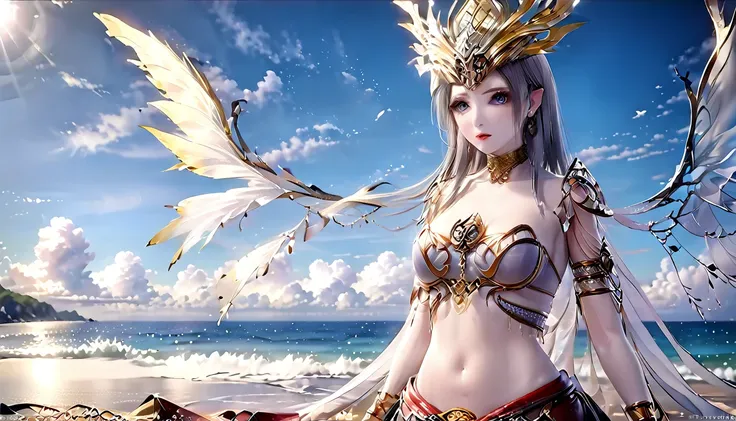 translucent, Good velvet quality, Compared, Divine Light,, Silver gray hair, Sky background, Absolute Strength,woman，Wings built with energy，Girl in sexy silk, at the seaside, Colorful jewel-like eyes.，Large Breasts，Full breasts，Golden ratio figure，Perfect...