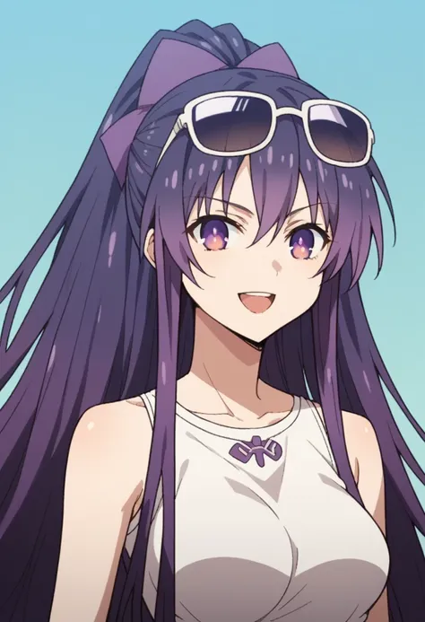 Score_9, Score_8_up, Score_7_up, anime_font, Tohka Yatogami, 1 girl, alone, long hair, purple hair, purple eyes, very long hair, ponytail, headband, perfect body, alone, big breast, looking at viewer, smile, mouth open, shirt, hat, clavicle, upper body, ba...