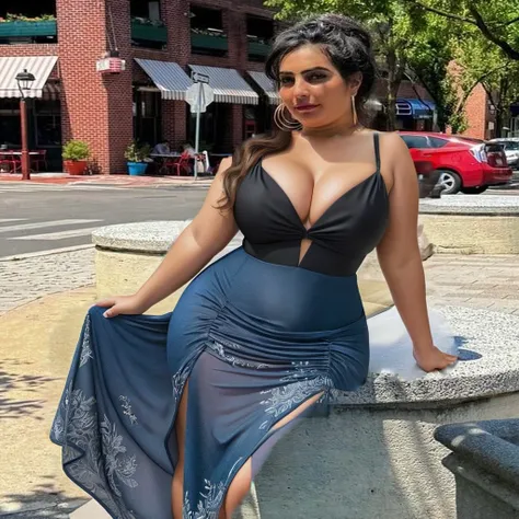 A beautiful young woman, almost plus size figures, busty, tan skin, wearing black a low-cut, ultra short V-neck dress, cleavage, legs and upper thighs exposed, natural saggy breasts, intricate details, photorealistic, highly detailed, 8k, best quality, mas...