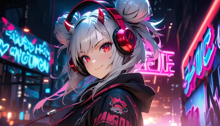 detailed background, masterpiece, big headphones on the head, top quality, smile, Nakiri Ayame, Striped Hair, Demon horn, gray hair, Double buns, Red eyes, smile, hoodie, portrait, neon, graffiti, dark, night, shining eyes, black light、completely naked, Ph...