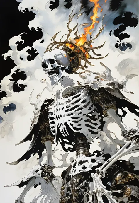 Danligur, the Fire Skeleton King, Eva, emerging, fallen alien, Commedia dellArte, Vanitas, Tempera painting, Woodblock printing, White color, Yoji Shinkawa --ar 4:5 --s 209 --c 17 --w 397 --q 1 --stop 20