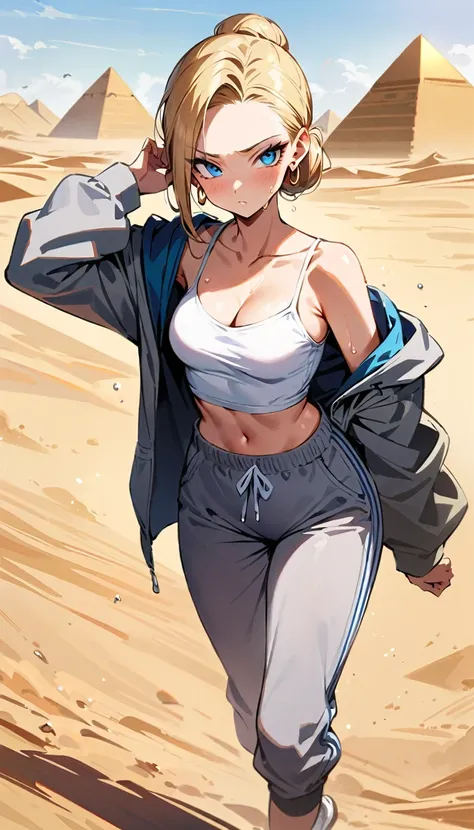 (masterpiece, best quality:1.2), full body, solo, Android 18 from Dragon Ball, (light gray top), ((white slip-on crop top)), ((long sweatpants)), ((light gray sweatpants)), (gray hooded jacket), thighs, midriff, small breasts, sweat, blonde hair, (single h...