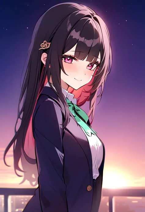 masterpiece, highest quality,blazer, arms_in_~ side, One Girl, Looking_in_audience,honkai_(series), Simple_background, shirt, head_ribbon, Open_Jacket, green_ribbon, Side Lock, With collar_shirt, smile, hair_ornament, hair_intake, honkai:_star_rail, ribbon...