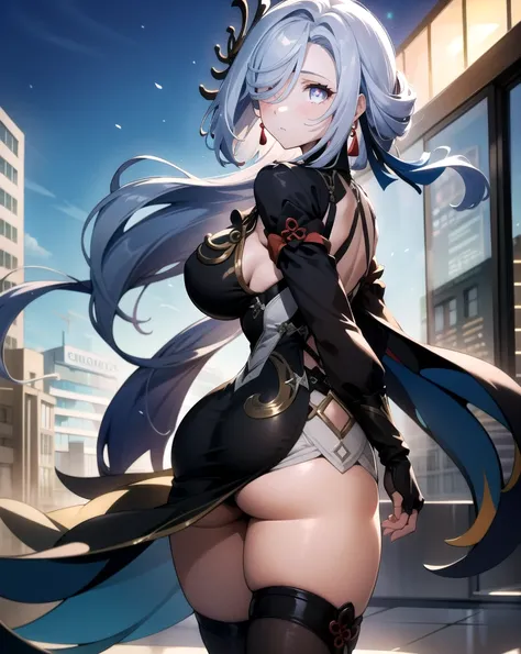 highres, booru, masterpiece, best quality, (shenhe:1.2), 1 girl, shenhe (genshin impact), long hair, hair over one eye, disfraz de shenhe, pelo blanco, black dress, breasts curtain, thighs, fingerless gloves, hip cutout, high heels, thick thighs, looking b...