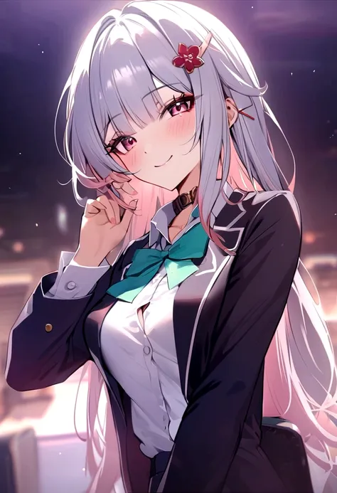 masterpiece, highest quality,blazer, arms_in_~ side, One Girl, Looking_in_audience, honkai_(series),shirt, head_ribbon, Open_Jacket, green_ribbon, Side Lock, upper_body, With collar_shirt, smile, hair_ornament, hair_intake, honkai:_star_rail, ribbon, Jacke...