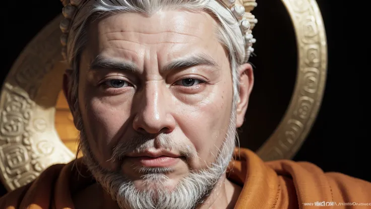 Create an ancient wise Buddha with white beard, human realistic quality, wearing an orange robe, portrait photography, high resolution, high detail, cinematic light, hyper-realistic, in the style of portraitists. black background.