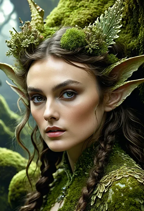 Looks like Keira Knightley, Closeup of a Surreal moss Elf with pointy ears in the styles of Ernst Haeckel, Arthur Rackham, Roger Dean, Jeff Wall, by Wolfgang Tillmans, Brooke Shaden $etching drawing illustration$ resin
detailed matte painting, deep color, ...