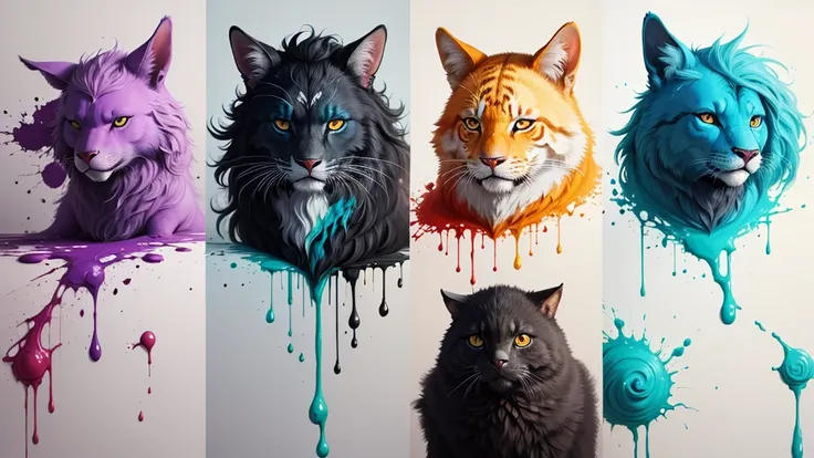 various animals, paint palette, various colors of spilled paint