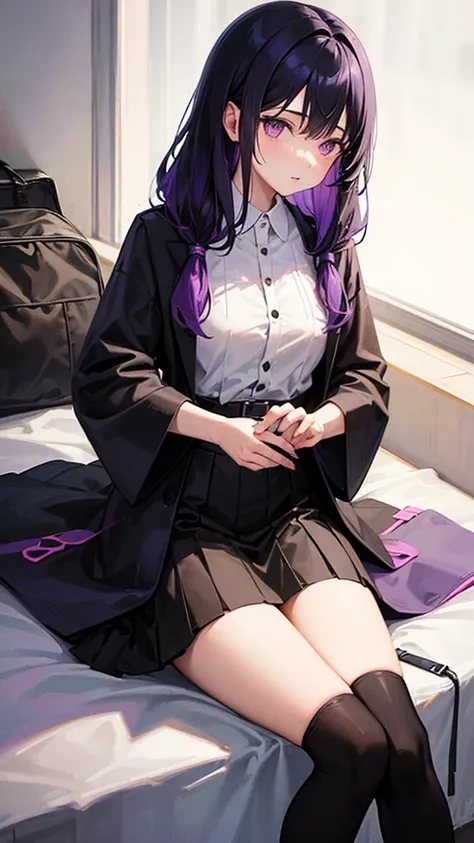 A girl with black hair and short purple tips and purple eyes in a black dress sitting