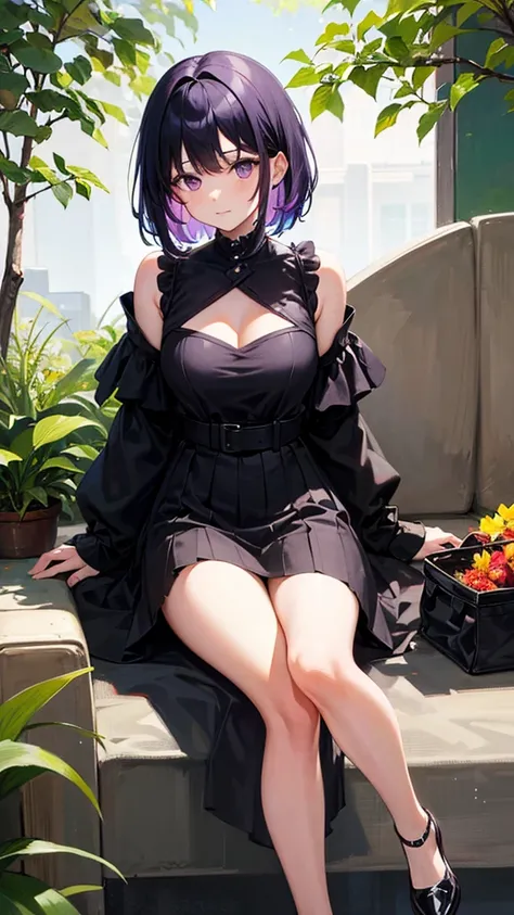 A girl with black hair and short purple tips and purple eyes in a black dress sitting