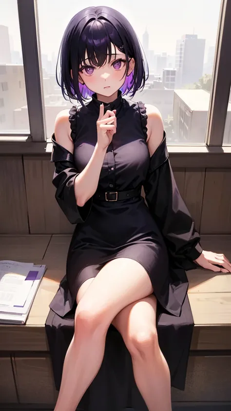 A girl with black hair and short purple tips and purple eyes in a black dress sitting