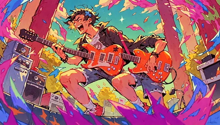 a  plays the guitar, suddenly the surrounding environment changes to become more cheerful and colorful