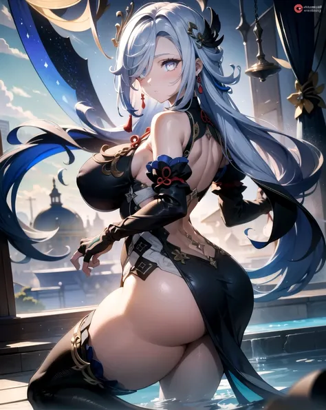 highres, booru, masterpiece, best quality, (shenhe:1.2), 1 girl, shenhe (genshin impact), long hair, hair over one eye, disfraz de shenhe, pelo blanco, black dress, breasts curtain, thighs, fingerless gloves, hip cutout, high heels, thick thighs, looking b...