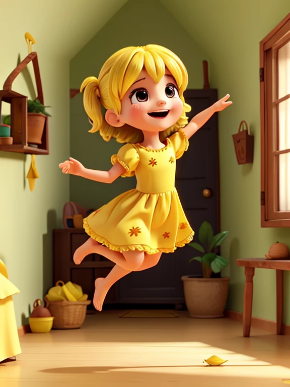 Make a little emocincita with yellow dress and hair jumping and laughing in a small house with leaves