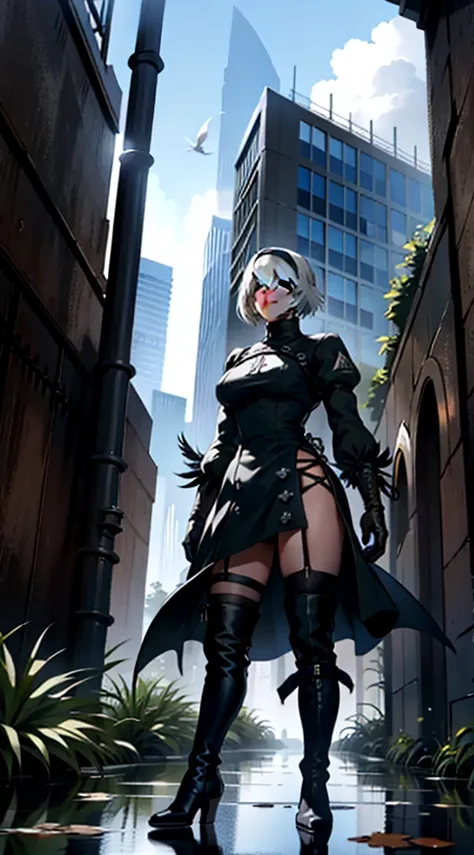 yorha no. 2 type b, 1boy, absurdres, black blindfold, black dress, black hairband, blindfold, blue sky, boots, building, city, cloud, covered eyes, debris, dress, feather-trimmed sleeves, feather trim, from below, gloves, grass, hairband, high heel boots, ...