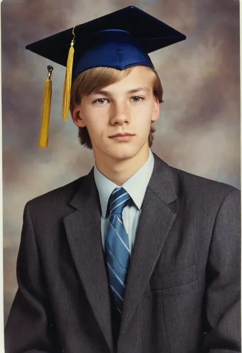 Color photo from graduation album. Male 20 years old. Finnish nationality. Photo in the style of the 1980s