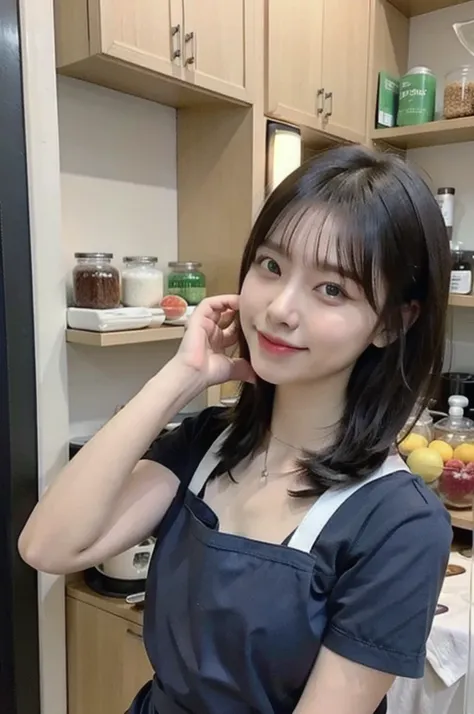 a woman is cooking、(kitchin_Apron:1.Wear 3)、Good Hand、4K、hight resolution、​masterpiece、top-quality、Cap:1.3、((Hasselblad photo))、Fine skin、sharp focus、(lighting like a movie)、Soft lighting、dynamic ungle、[:(Detailed face:1.2):0.2]、Medium chest、sweats streame...