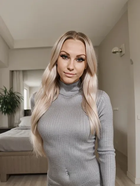 photo of a nympho sexy complete platinum blonde barbie bimbo cute young teen prostitute with fake eyelashes and plump enhanced lips, very long hair with hair extensions, perfect bimbo gorgeous babe. She wears: (turtleneck tight high ribbed dark brown grey ...