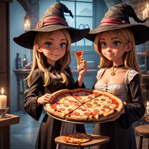 witch with hat and 1 pizza in hand