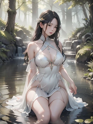 (best quality, 4k, 8k, highres, masterpiece:1.2), ultra-d etailed,(realistic, photorealistic,photo-realistic:1 .37), portrait of fairies,enjoying water play in a beautiful r iver in the forest,fairy with detailed face and hands, enchanted woodland scene, s...