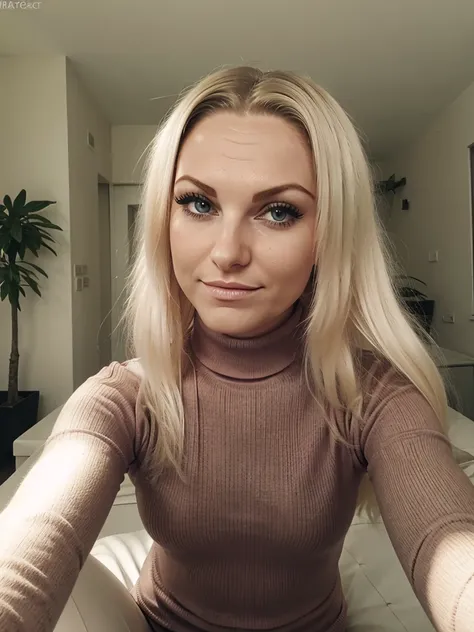 photo of a nympho sexy complete platinum blonde barbie bimbo cute young teen prostitute with fake eyelashes and plump enhanced lips, very long hair with hair extensions, perfect bimbo gorgeous babe. She wears: (turtleneck soft high ribbed dark brown keyhol...