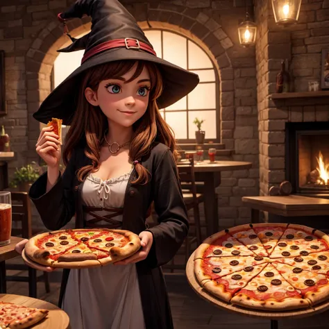 1 witch in a hat and 1 pizza in hand