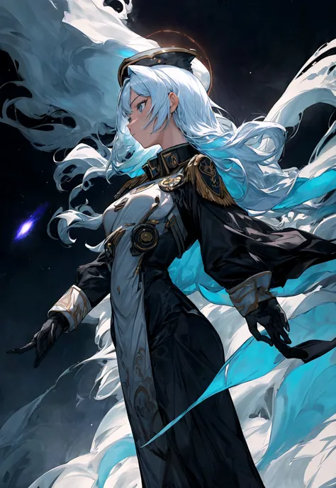 Picture a scene steeped in the depths of space science fiction warfare, where a female commander emerges as the embodiment of resilience and command. Her presence is striking, with white hair that cascades like a cosmic waterfall, tinged with a subtle shad...