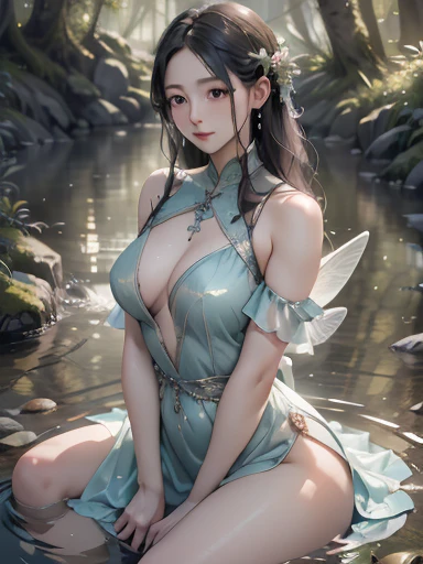 (best quality, 4k, 8k, highres, masterpiece:1.2), ultra-d etailed,(realistic, photorealistic,photo-realistic:1 .37), portrait of fairies,enjoying water play in a beautiful r iver in the forest,fairy with detailed face and hands, enchanted woodland scene, s...