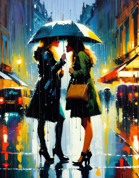 the bustling city,a couple of girls kiss in the rain, night, inspired in Brussels (art inspired by Bill Sienkiewicz). oil painting, details of brush strokes that enhance depth)
