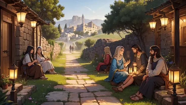 Jesus in an old dirt street and mud houses in ancient Galilee with many people around him, and sitting on the grass or stones around, The light from the lamps around the square in Galilee, creating a magical and peaceful scene. It is in this environment, f...