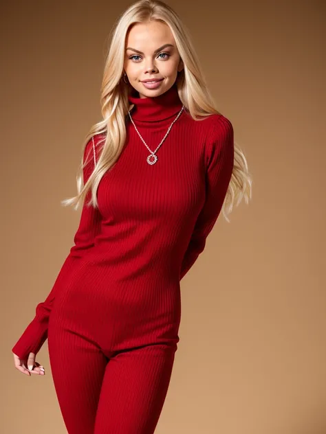 (JesseJane_v1:1.0), gorgeous blonde woman (JesseJane_v1:1.0), long hair. She wears: (a long sleeve red turtleneck tight high neck ribbed sweater:1.1) seductive smile, rock hard fake tits, diamond necklace