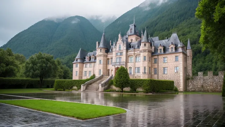 Rain is falling on a European-style castle built on top of a mountain.