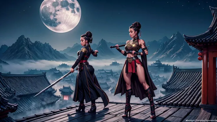 (((best quality))),(((ultra detailed))),(((masterpiece))),illustration,1lady,1woman,swordsman,woman warrior,traditional Chinese clothing,standing,ink style,martial arts,pose,rooftop,moonlight,night,background,ancient Chinese architecture,misty mountains,si...