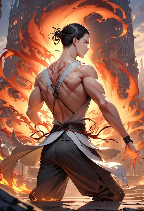 (消防员Back:1.5),  From the back，wearing a tattered shirt, combustion,flame， Luminescence, Dynamic poses, Fighting Stance, (fantasy city background), Pants,, Practical, masterpiece, Intricate details, Detailed background, Depth of Field, Back,