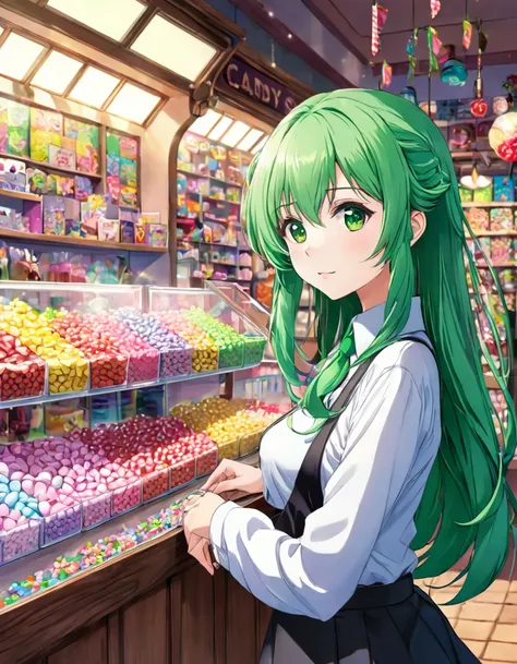 masterpiece, best quality, a green-haired girl in the middle of a small candy shop, anime, high-quality
