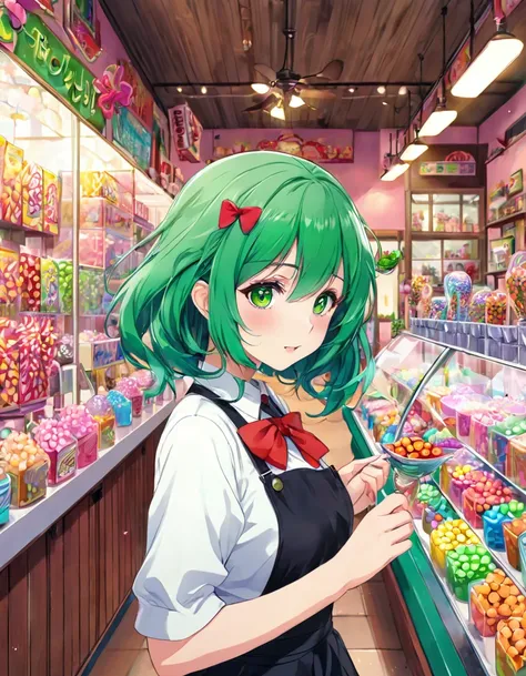 masterpiece, best quality, a green-haired girl in the middle of a small candy shop, anime, high-quality
