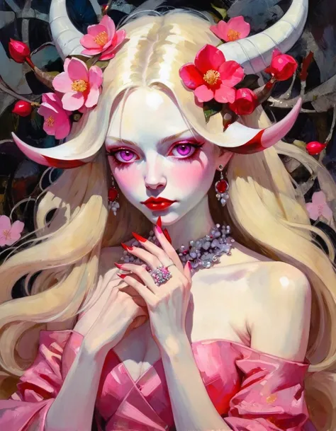 1girl, solo, alone, pink eyes, long hair, blonde hair, pink dress, flower, camellia, jewelry, nail polish, ring, hair ornament, flower ornaments, pink nails, White hell, masterpiece, best quality, white hell, red horns, sakura pedals in hair,(art inspired ...