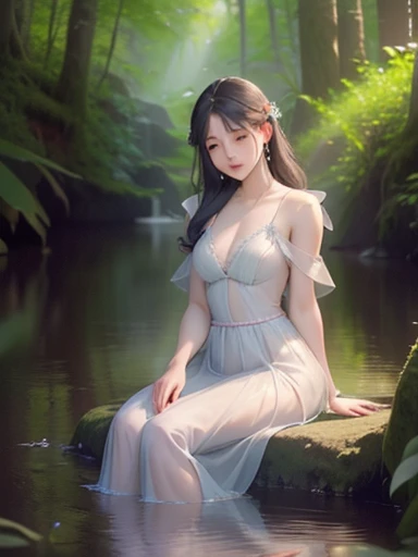 (best quality, 4k, 8k, highres, masterpiece:1.2), ultra-d etailed,(realistic, photorealistic,photo-realistic:1 .37), portrait of fairies,enjoying water play in a beautiful r iver in the forest,fairy with detailed face and hands, enchanted woodland scene, s...