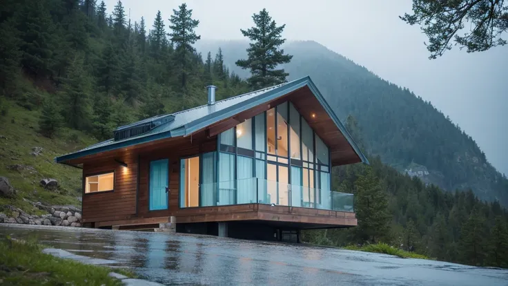 There is a small house built with futuristic technology on top of a mountain. It is raining.