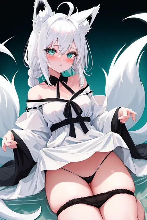 {{{shirakami_fubuki}}}, fox girl, white hair,braid, ahoge, animal ear fluff, aqua eyes, black ribbon, white shirt, off shoulder, panty lift