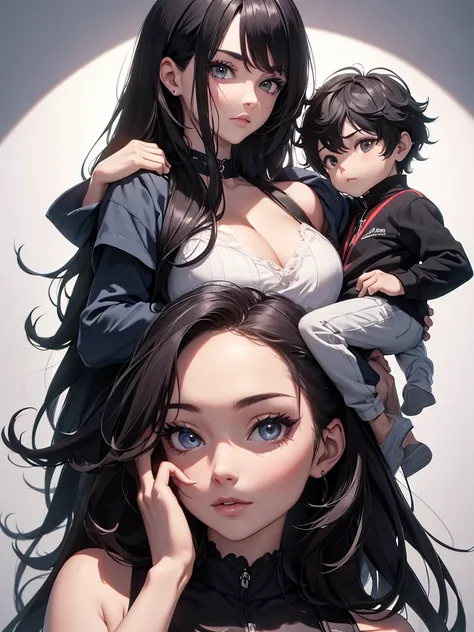 (8K, Best Quality, Masterpiece, Ultra High Resolution) Woman with 2 children sons, Woman has dark hair, oldest  son has white hair, youngest baby son has black hair