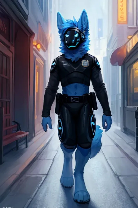 ,(((Light blue fur for body protogen with a black chest plate in a outside in a police outfit, police fbi suit, fbi clothing, all black suit))) ,  looking at viewer , big chest , day, , sensual, detailed, uploaded to e621, beautiful and detailed portrait o...