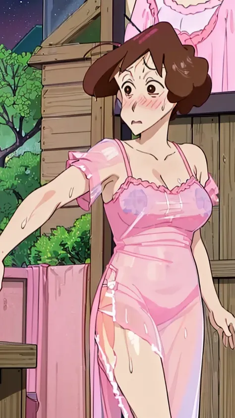 Misae Nohara,(Mature Woman:1.8),(absurderes, 8K, 4K, masutepiece, hyper extreme detailed:1.2), Best Quality, Perfect Anatomy,Perfect face,Facing forward,High humidity,(Sweaty:1.3),(Pink sheer nightgown:1.5),(Wet:1.4), on bed,blush,Embarrassing,shame,(Brown...